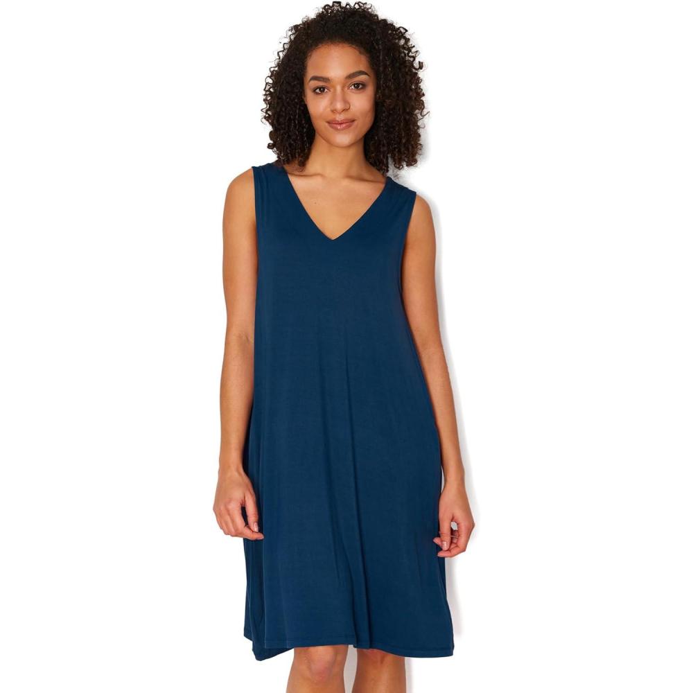 imageGYS Bamboo Viscose Womens Nightgowns V Neck Sleeveless Tank Pajama Dress for WomenInk Blue