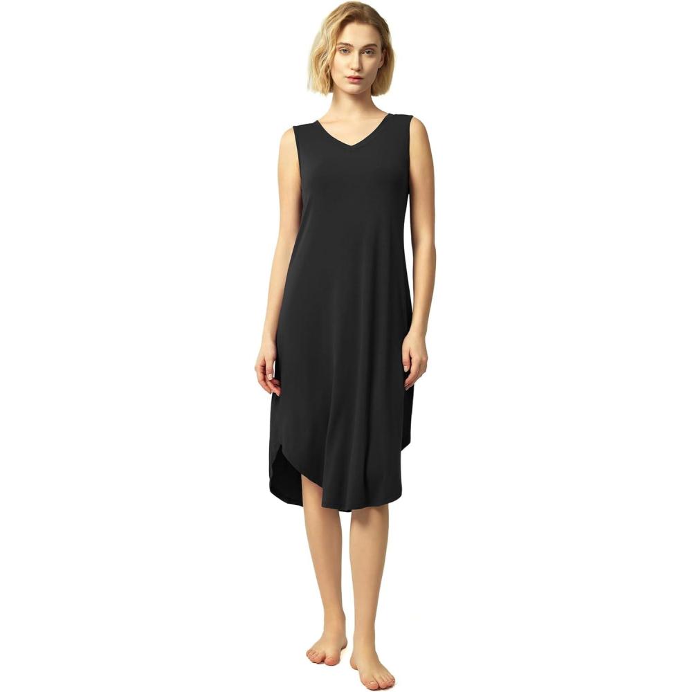 imageGYS BambooDerived Viscose Womens Nightgowns Sleeveless V Neck Tank Night DressBlack