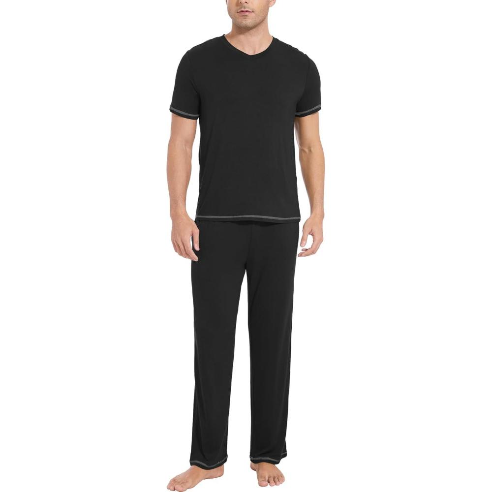 imageGYS Mens Pajama Sets Viscose Made from Bamboo Short Sleeve TShirt and Lounge Pants 2 Piece Pajamas for MenBlack