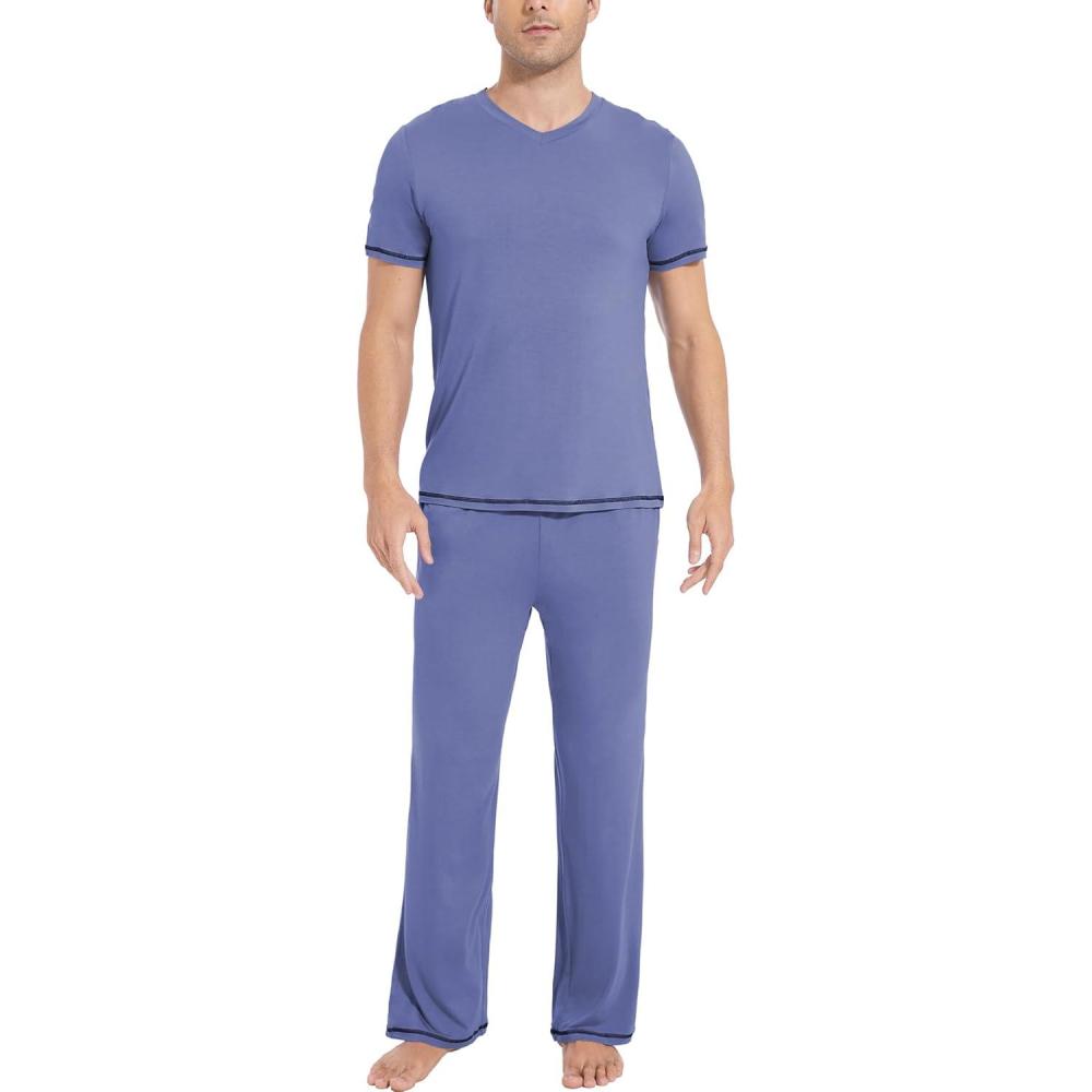 imageGYS Mens Pajama Sets Viscose Made from Bamboo Short Sleeve TShirt and Lounge Pants 2 Piece Pajamas for MenFog Blue