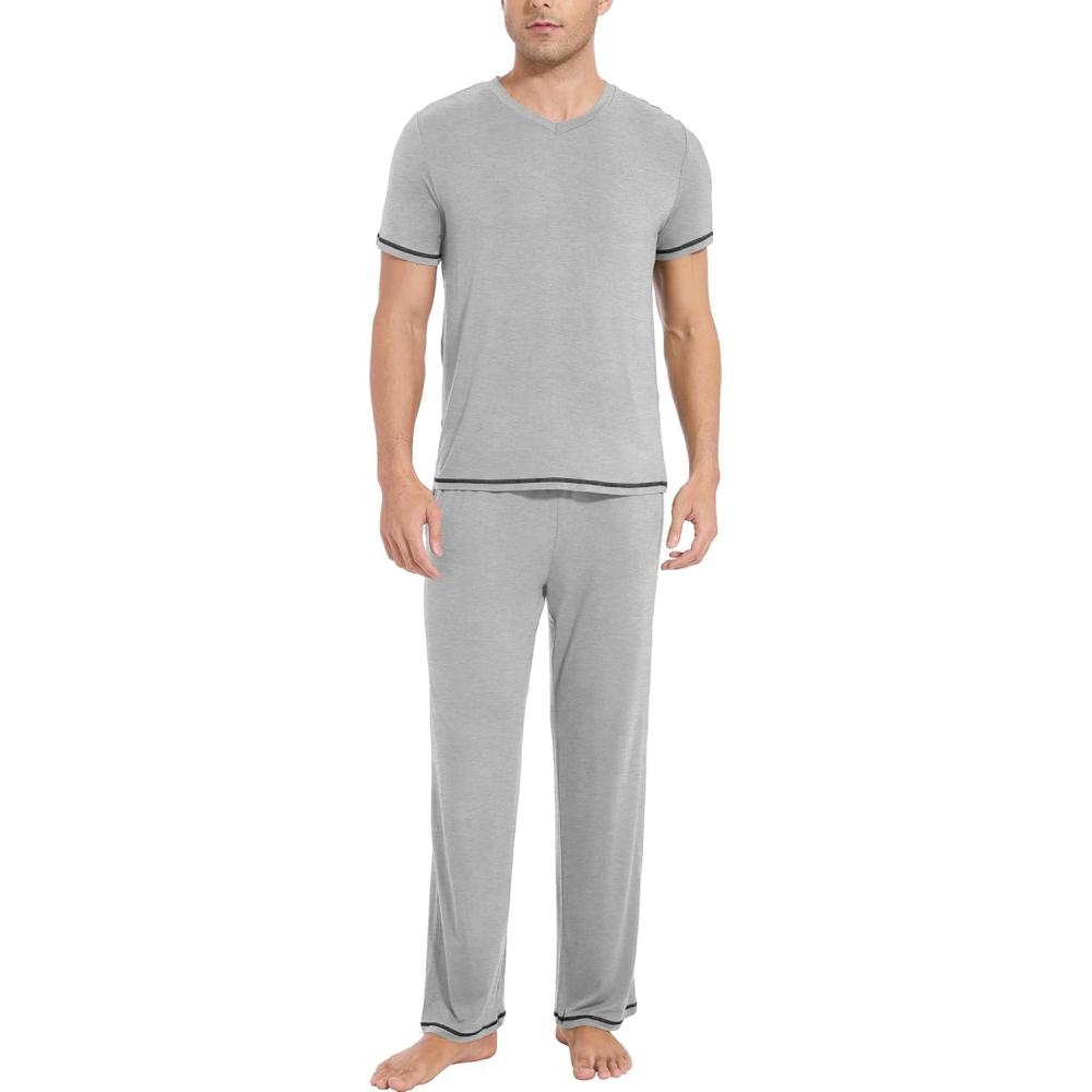 imageGYS Mens Pajama Sets Viscose Made from Bamboo Short Sleeve TShirt and Lounge Pants 2 Piece Pajamas for MenHeather Grey