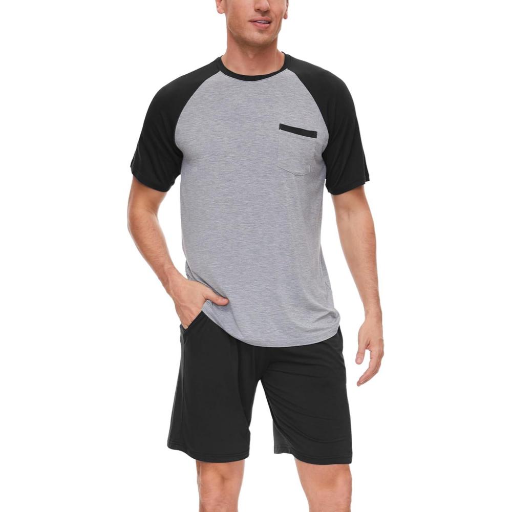 imageGYS Mens Pajamas Set Shorts Bamboo Viscose Short Sleeve Sleepwear Top and Shorts Set Soft Pjs Loungewear Set