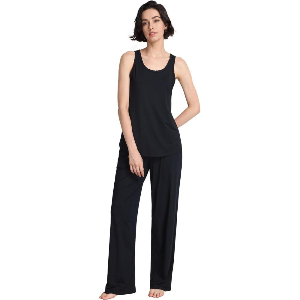 imageGYS Pajama Set for Women Bamboo Viscose U Neck Tank Top and Pants Soft 2 Piece Sleepwear SetsBlack
