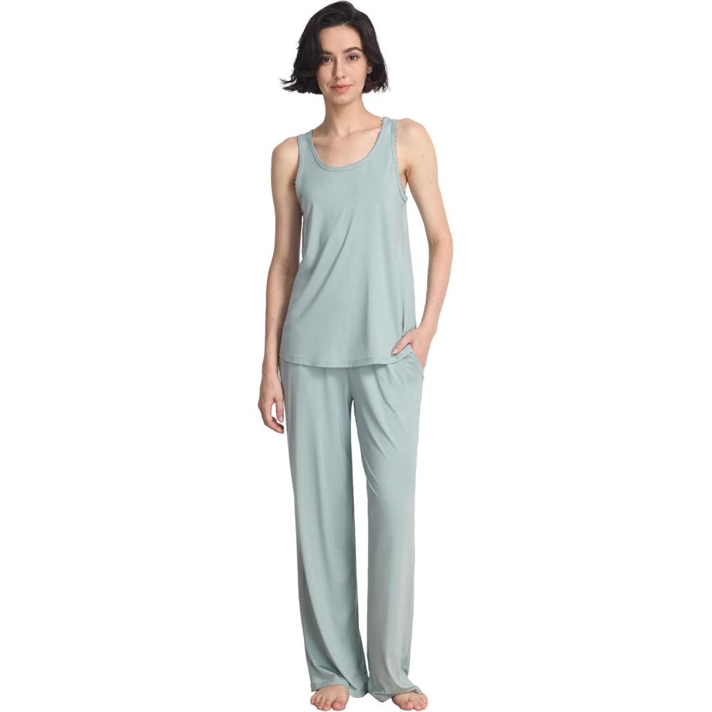 imageGYS Pajama Set for Women Bamboo Viscose U Neck Tank Top and Pants Soft 2 Piece Sleepwear SetsLight Greyish Green