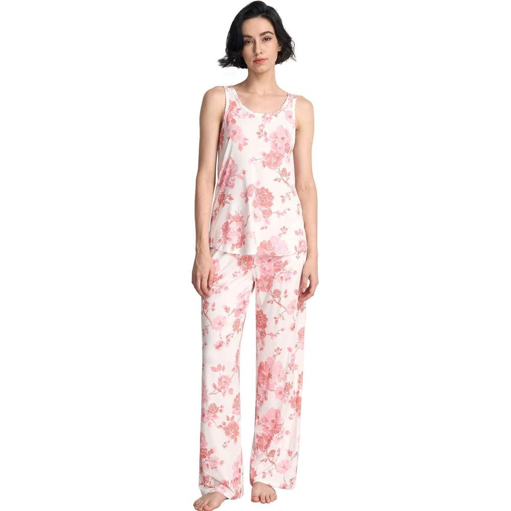 imageGYS Pajama Set for Women Bamboo Viscose U Neck Tank Top and Pants Soft 2 Piece Sleepwear SetsPeony