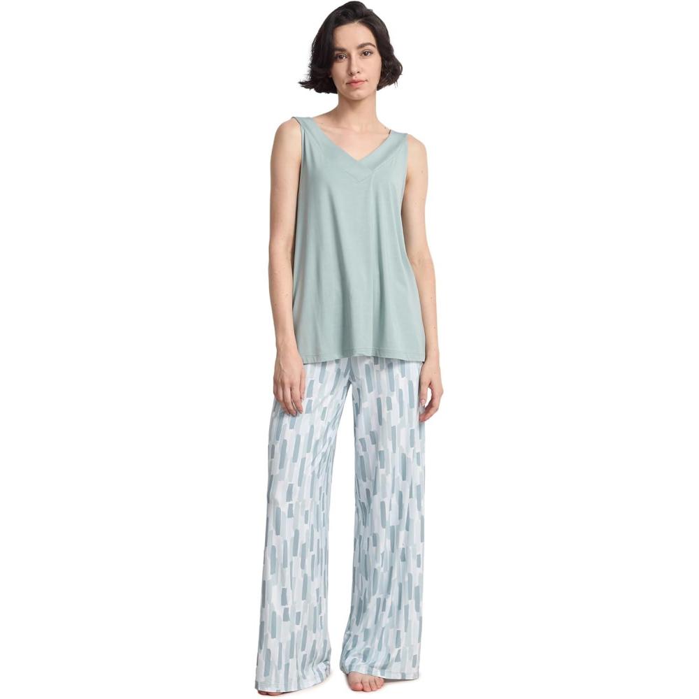 imageGYS Pajama Sets for Women Bamboo Viscose Sleeveless Tank Top with Soft Pants Sleep SetGreen Brushstrokes