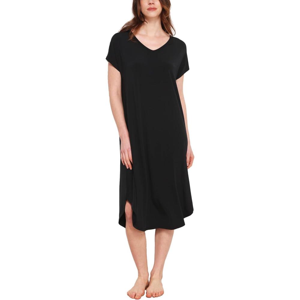 imageGYS Premium Bamboo Viscose Womens Nightgowns Short Sleeve V Neck Summer Pajama DressBlack