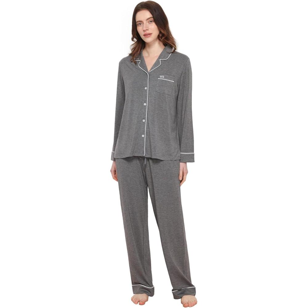 imageGYS Premium Bamboo Viscose Womens Pajama Sets Long Sleeve Button Down 2 Pieces Sleep SetsDark Heather Grey