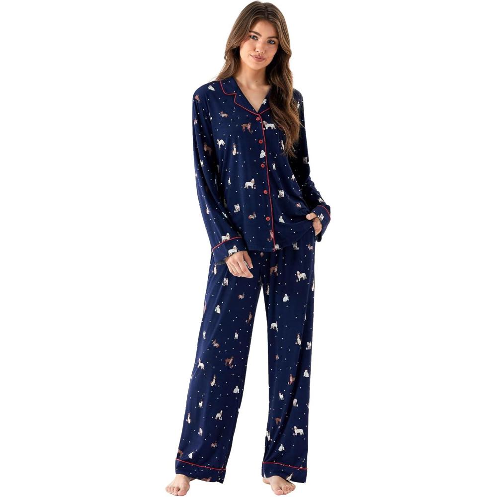 imageGYS Premium Bamboo Viscose Womens Pajama Sets Long Sleeve Button Down 2 Pieces Sleep SetsNavy Christmas Puppy