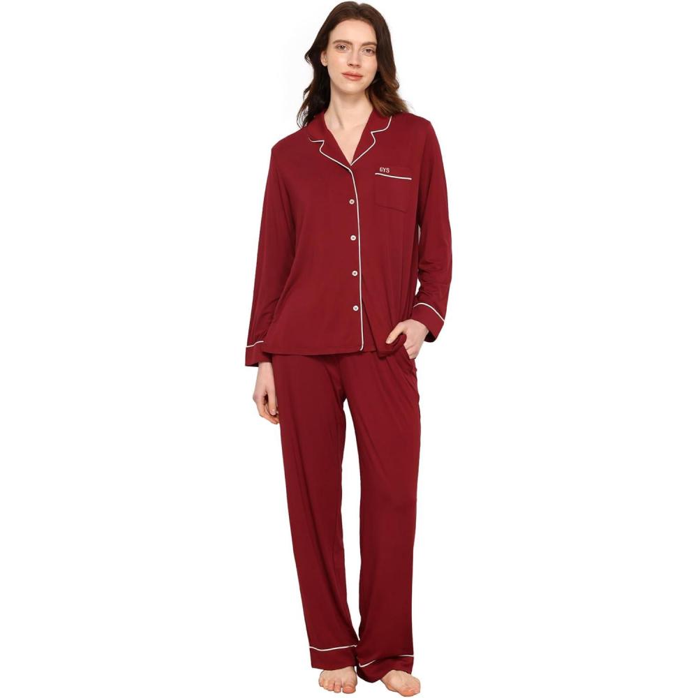 imageGYS Premium Bamboo Viscose Womens Pajama Sets Long Sleeve Button Down 2 Pieces Sleep SetsWine Red