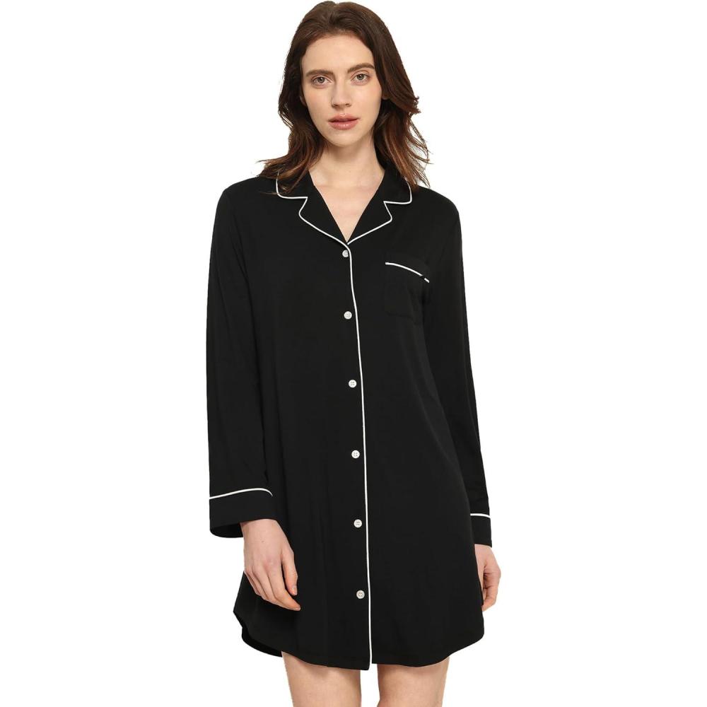 imageGYS Premium Womens Nightgowns Button Down Sleepshirt Long Sleeve Notch Collar Boyfriend NightshirtBlack