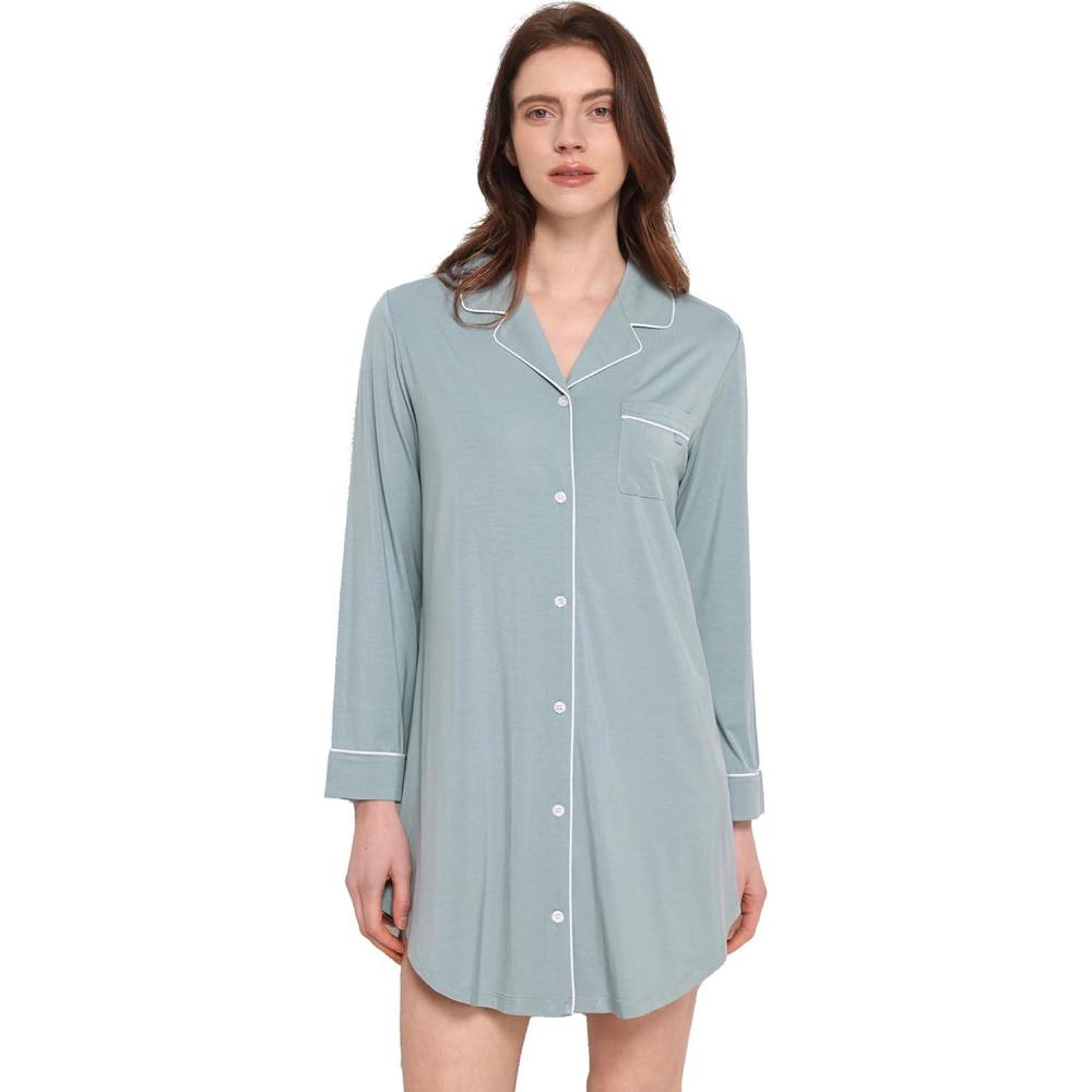 imageGYS Premium Womens Nightgowns Button Down Sleepshirt Long Sleeve Notch Collar Boyfriend NightshirtLight Greyish Green