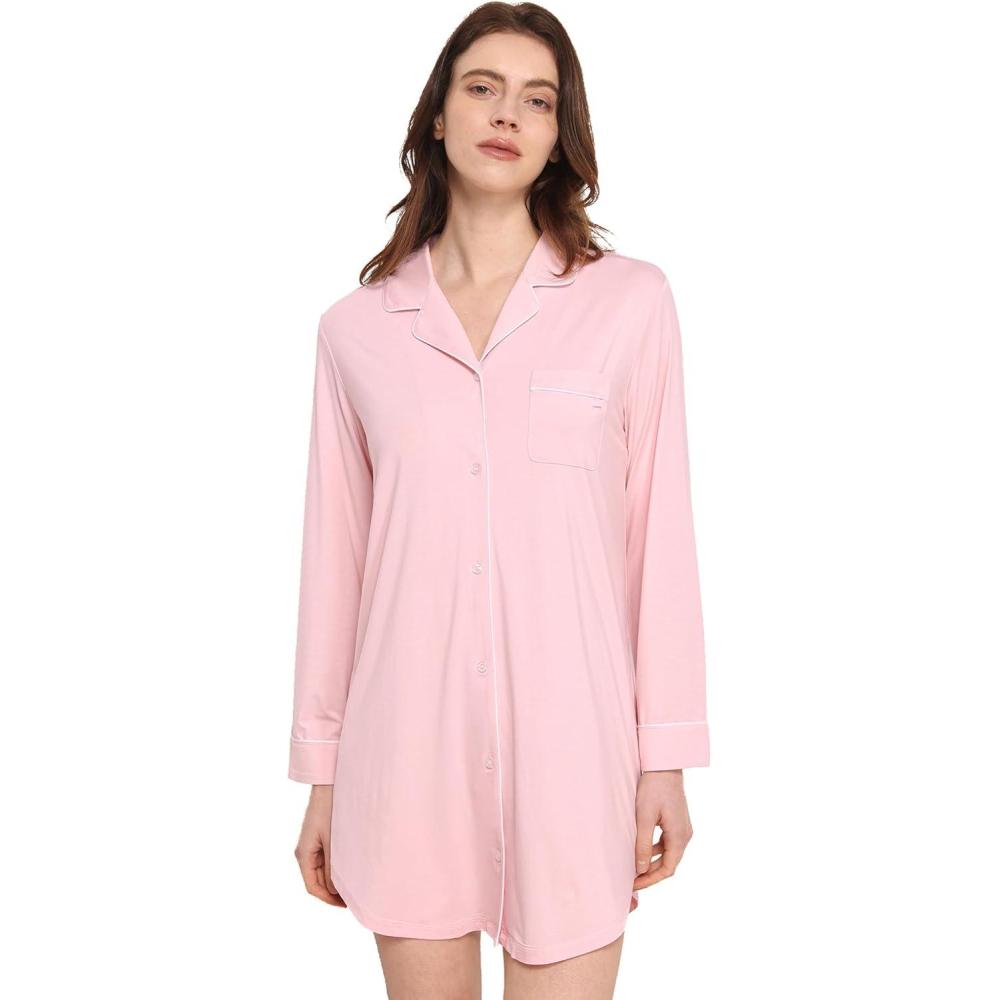imageGYS Premium Womens Nightgowns Button Down Sleepshirt Long Sleeve Notch Collar Boyfriend NightshirtPink