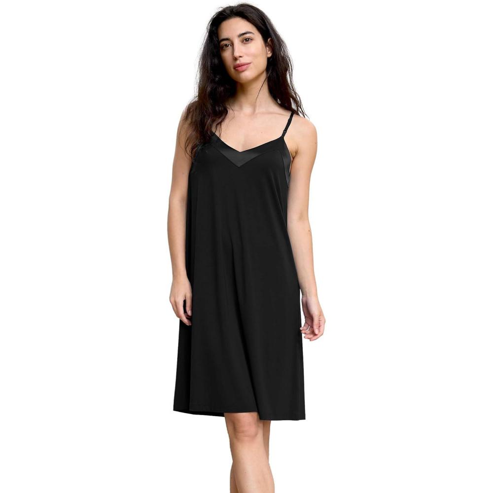 imageGYS Sleeveless Nightgowns for Women Bamboo Viscose Satin Vneck Spaghetti Straps Pajama DressBlack