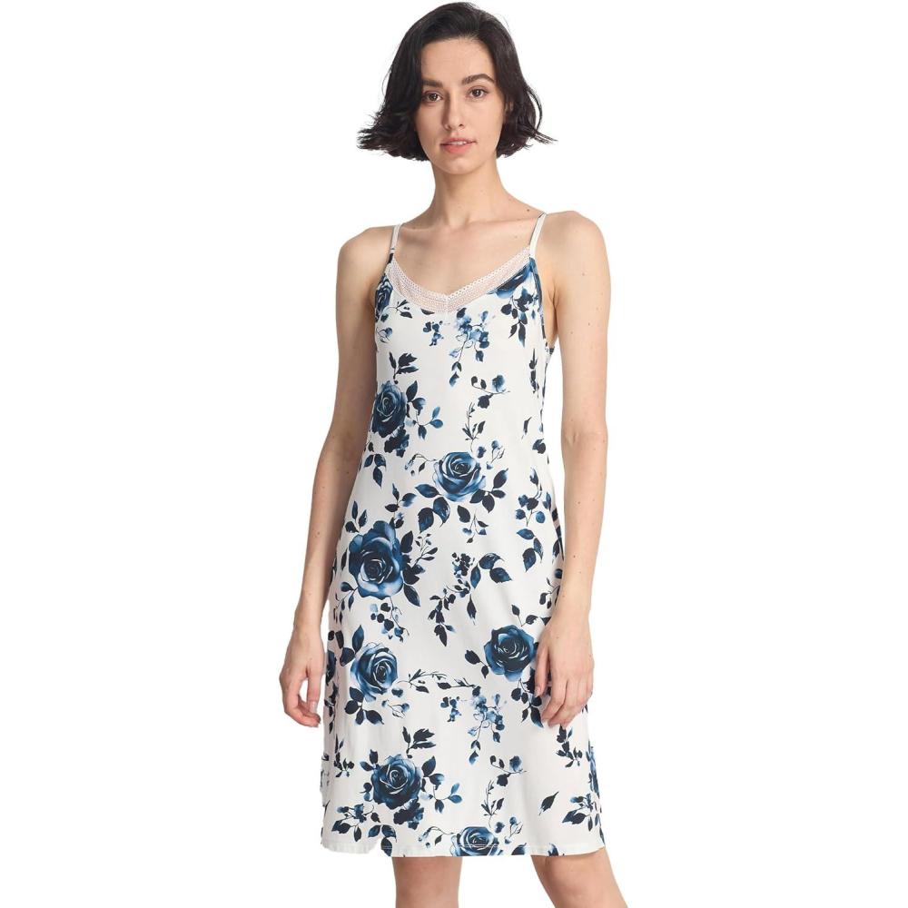 imageGYS Sleeveless Nightgowns for Women Soft Bamboo Viscose Full Slip Spaghetti Strap Camisole Under DressBlue Rose