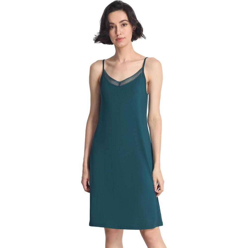 imageGYS Sleeveless Nightgowns for Women Soft Bamboo Viscose Full Slip Spaghetti Strap Camisole Under DressInk Blue