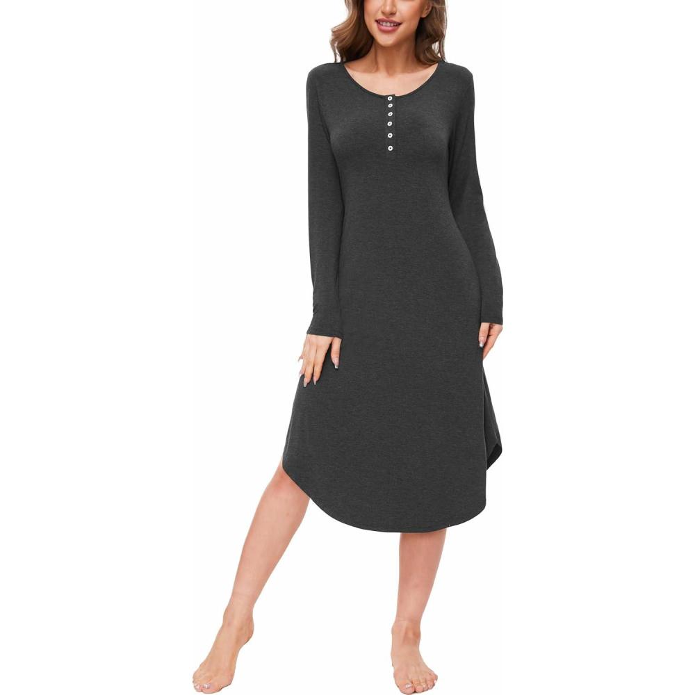 imageGYS Viscose Nightgowns for Women Soft Long Sleeve Sleep Shirt with Pockets Crewneck Nightdress SleepwearDark Heather Grey