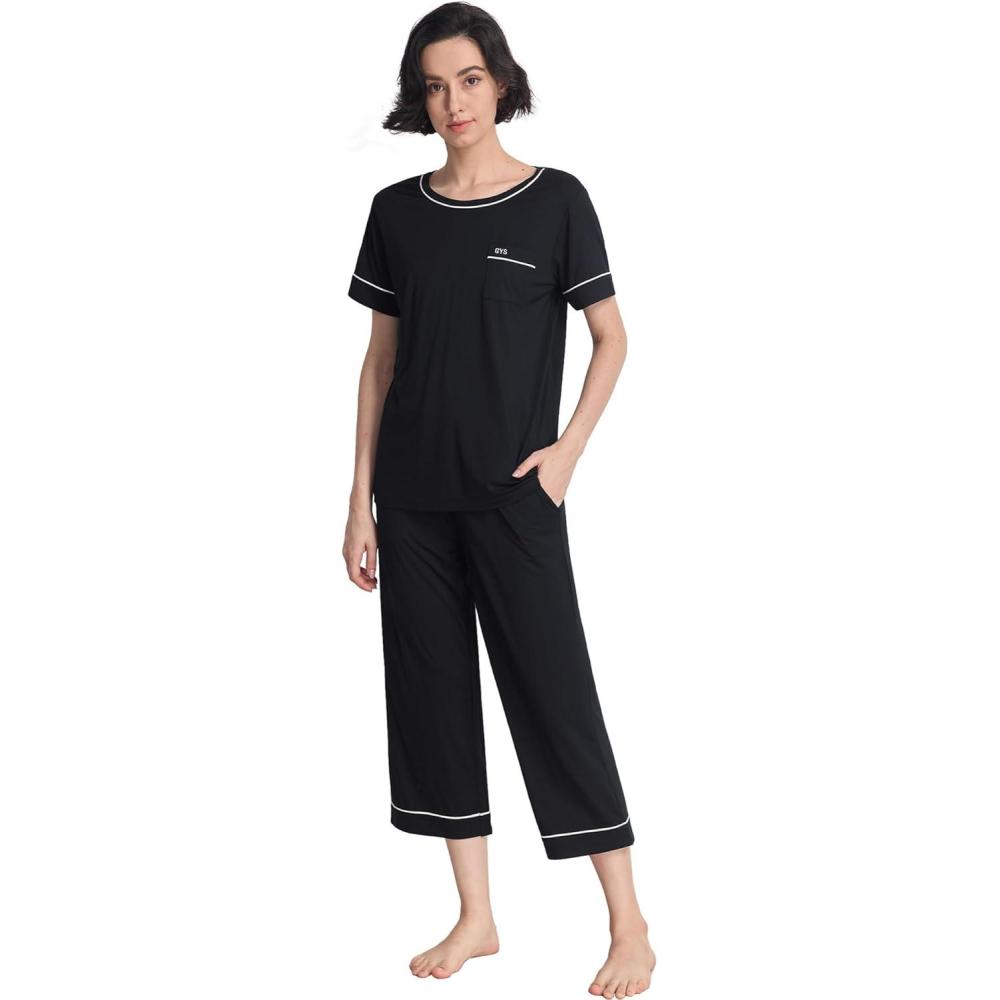 imageGYS Women Pajama Sets Bamboo Viscose Short Sleeve Top and Capri Pants 2 Piece Sleep SetBlack