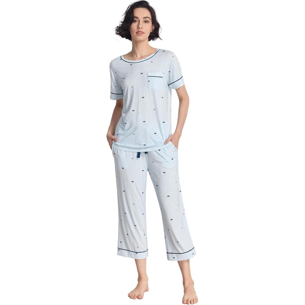 imageGYS Women Pajama Sets Bamboo Viscose Short Sleeve Top and Capri Pants 2 Piece Sleep SetBlue Stripes