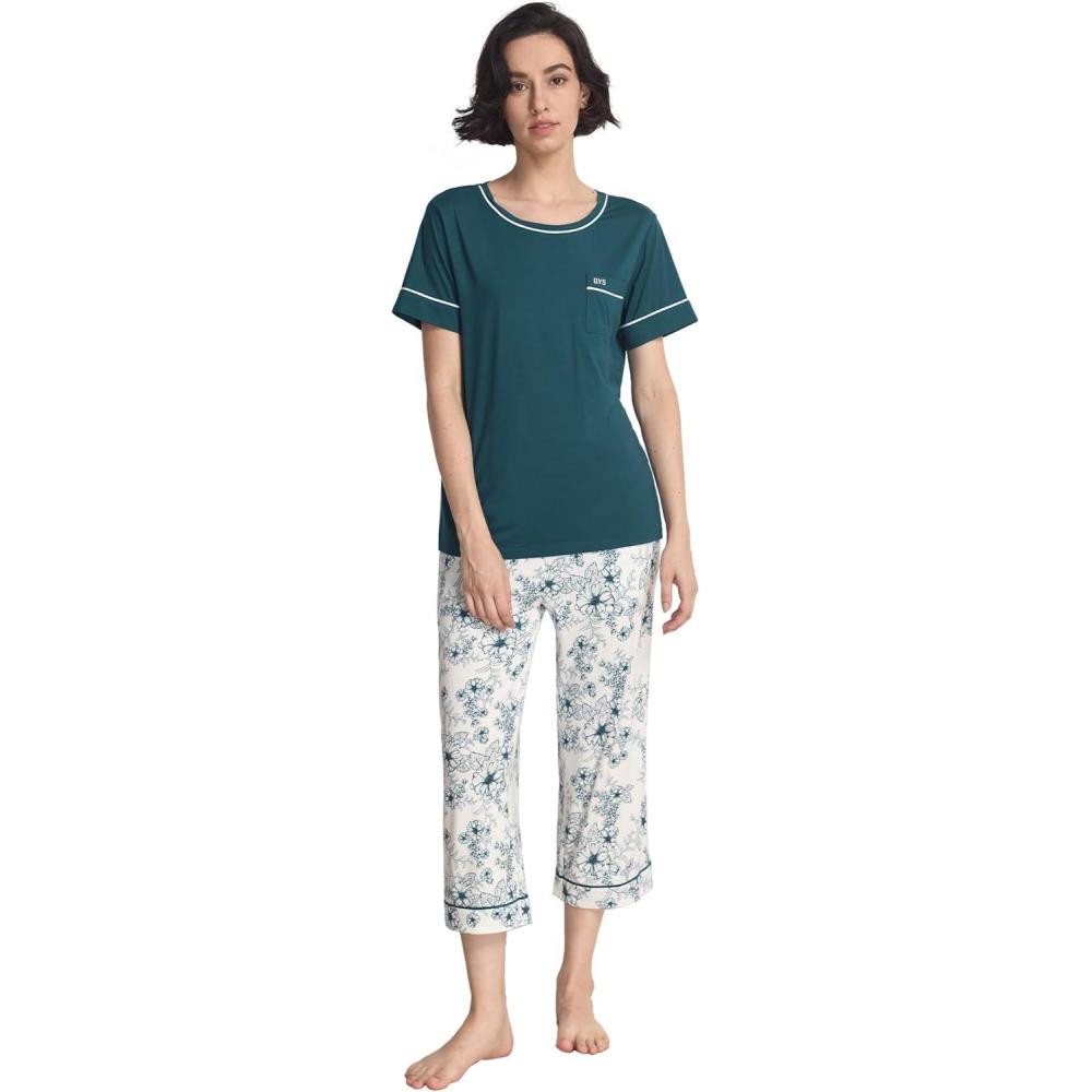 imageGYS Women Pajama Sets Bamboo Viscose Short Sleeve Top and Capri Pants 2 Piece Sleep SetInk Blue Floral