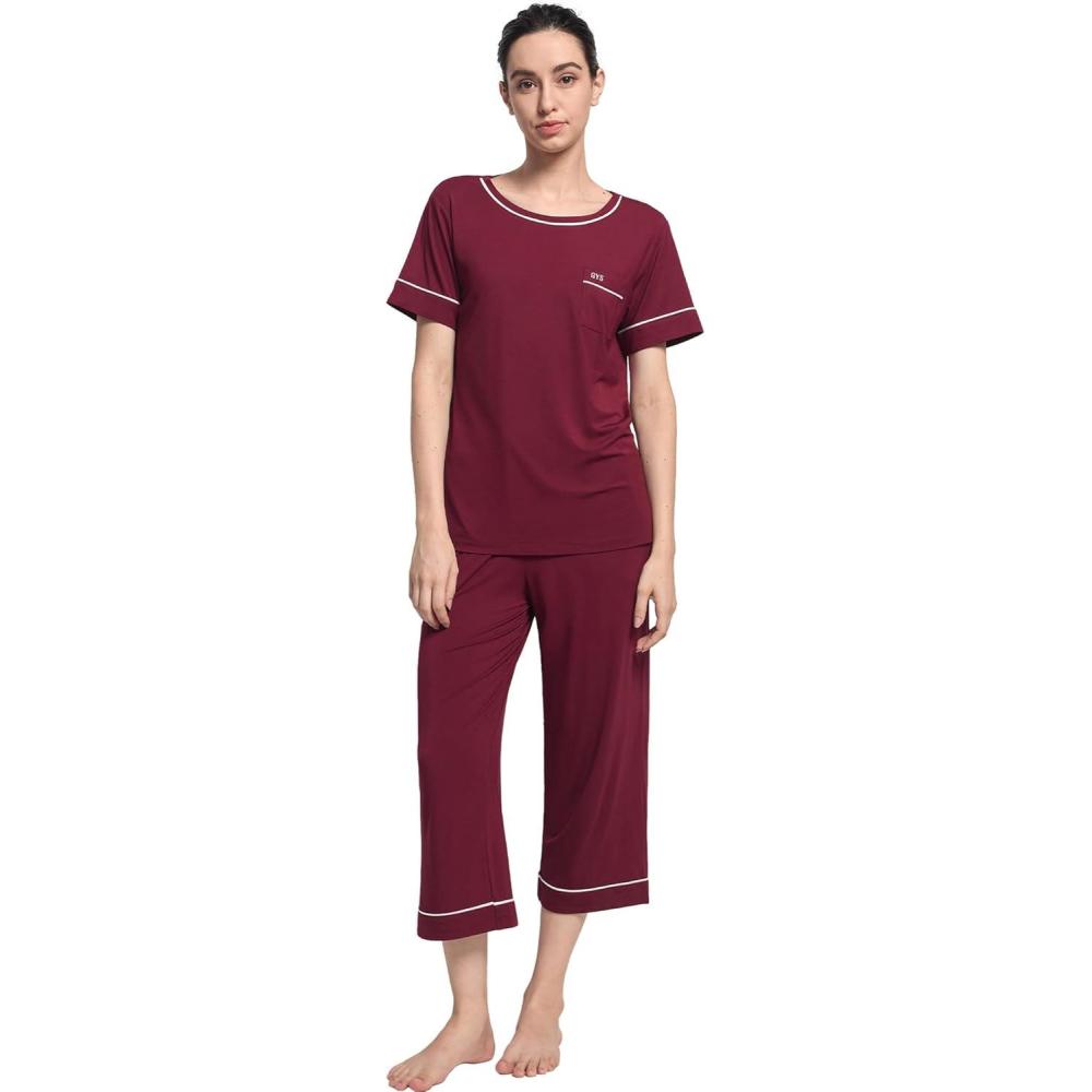 imageGYS Women Pajama Sets Bamboo Viscose Short Sleeve Top and Capri Pants 2 Piece Sleep SetWine Red