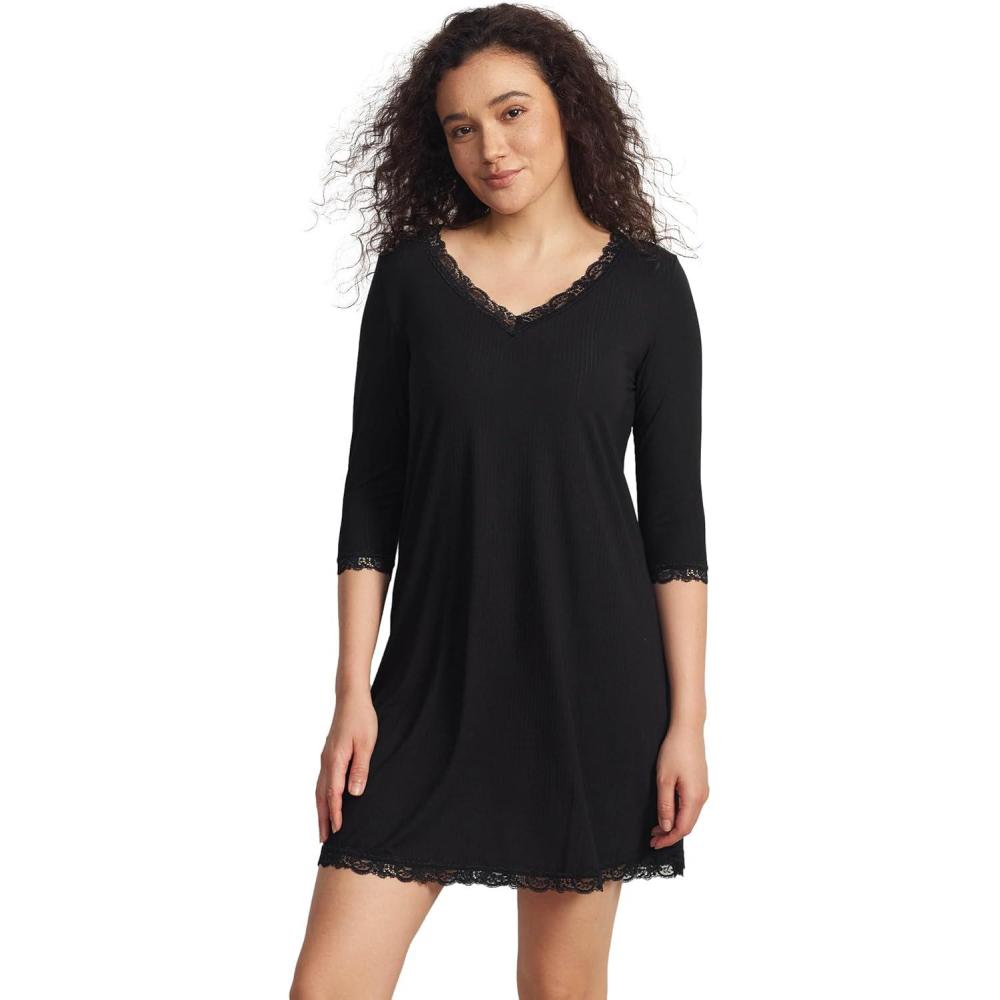 imageGYS Womens 34 Sleeves Nightgowns Bamboo Viscose Soft Comfy Lace V Neck Pajama DressBlack