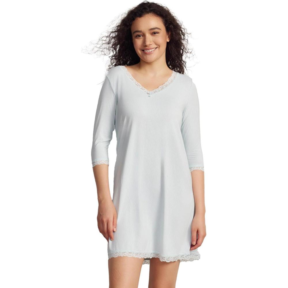 imageGYS Womens 34 Sleeves Nightgowns Bamboo Viscose Soft Comfy Lace V Neck Pajama DressBreezy Blue