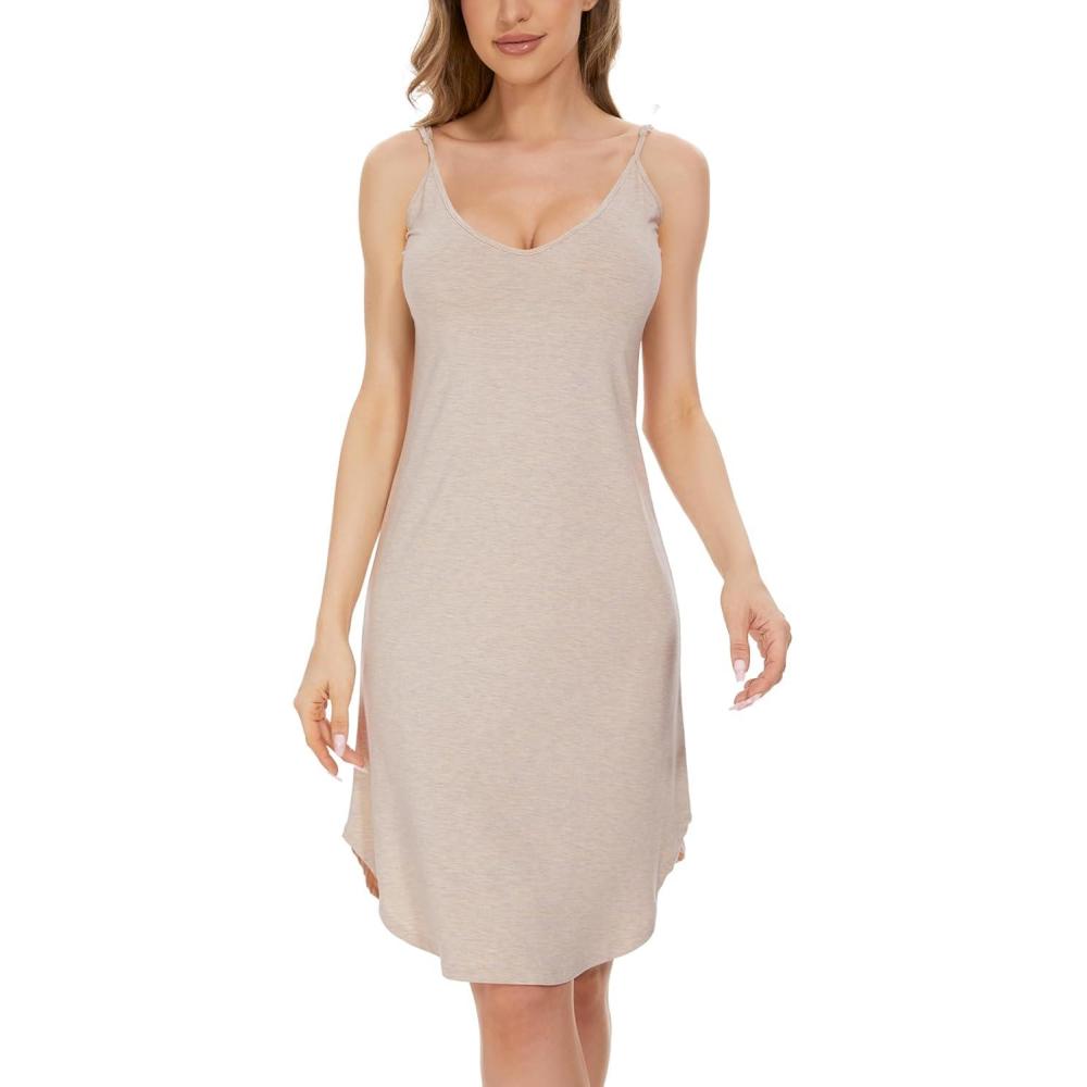 imageGYS Womens Bamboo Viscose Full Slips for Under Dresses Adjustable Spaghetti Straps Cami Slip DressHeather Beigelong Style