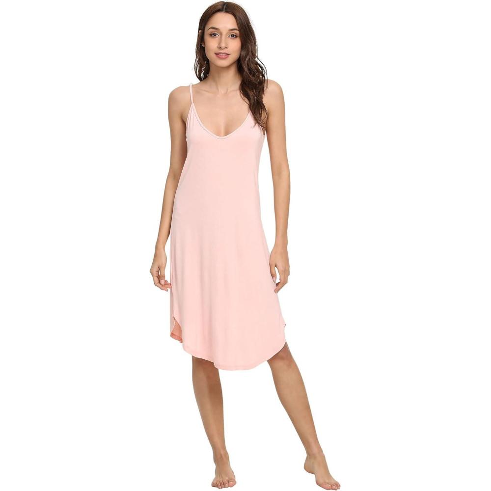 imageGYS Womens Bamboo Viscose Full Slips for Under Dresses Adjustable Spaghetti Straps Cami Slip DressPinklong Style