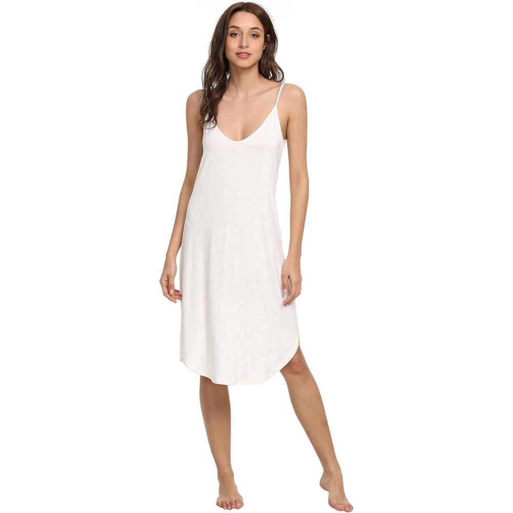 imageGYS Womens Bamboo Viscose Full Slips for Under Dresses Adjustable Spaghetti Straps Cami Slip DressWhitelong Style