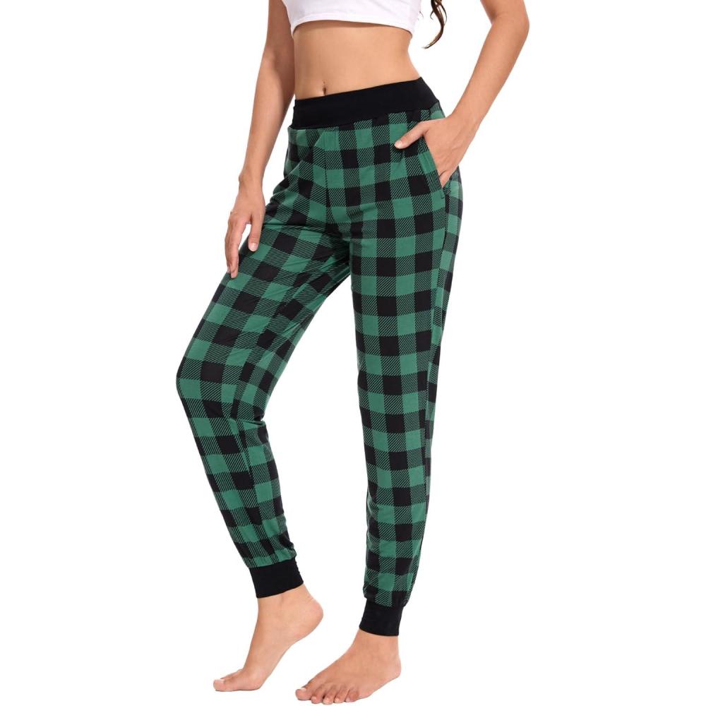 imageGYS Womens Bamboo Viscose Pajama Pants High Waist Christmas Plaid Sleepwear Joggers with PocketsBlack Green Plaid