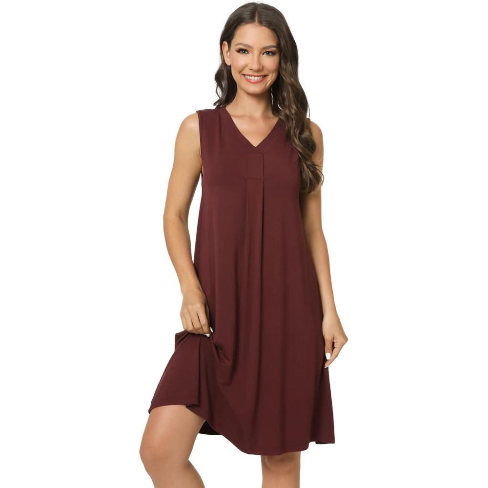 imageGYS Womens BambooDerived Viscose Nightgowns Soft Sleeveless V Neck Nightdress Lightweight Sleep Shirt S4XPC Ficus Red