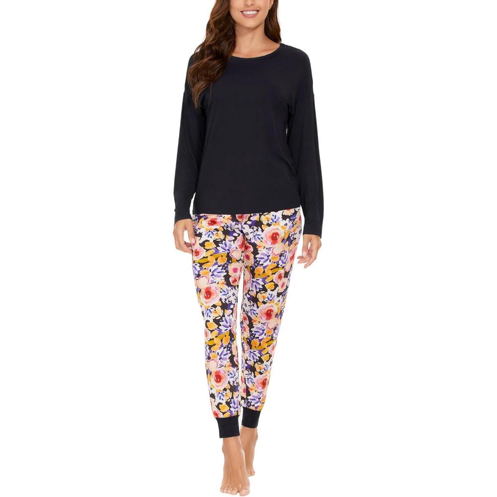 imageGYS Womens Pajama Sets Bamboo Viscose Long Sleeve Sleepwear with Pants Soft Pjs Lounge Set Ladies LoungewearBlack FlowersTaperedleg