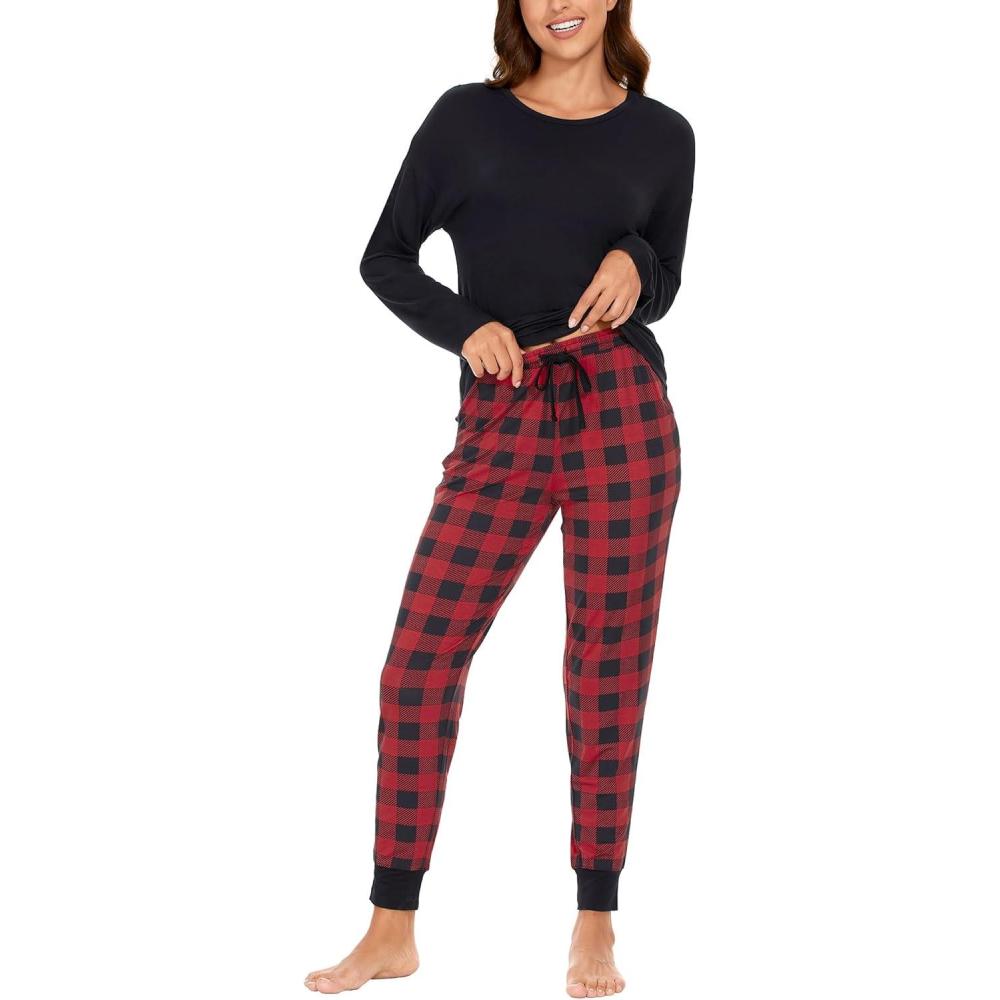 imageGYS Womens Pajama Sets Bamboo Viscose Long Sleeve Sleepwear with Pants Soft Pjs Lounge Set Ladies LoungewearBlack Red PlaidTaperedleg