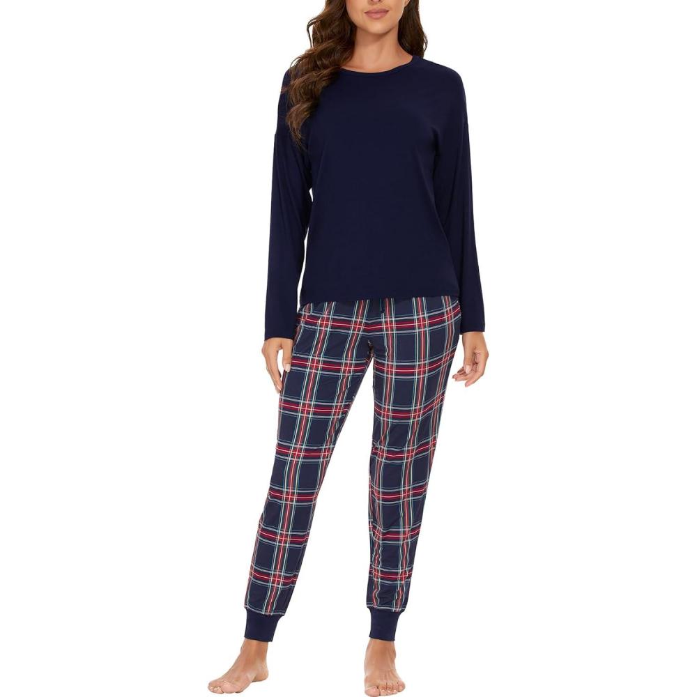 imageGYS Womens Pajama Sets Bamboo Viscose Long Sleeve Sleepwear with Pants Soft Pjs Lounge Set Ladies LoungewearNavy PlaidTaperedleg