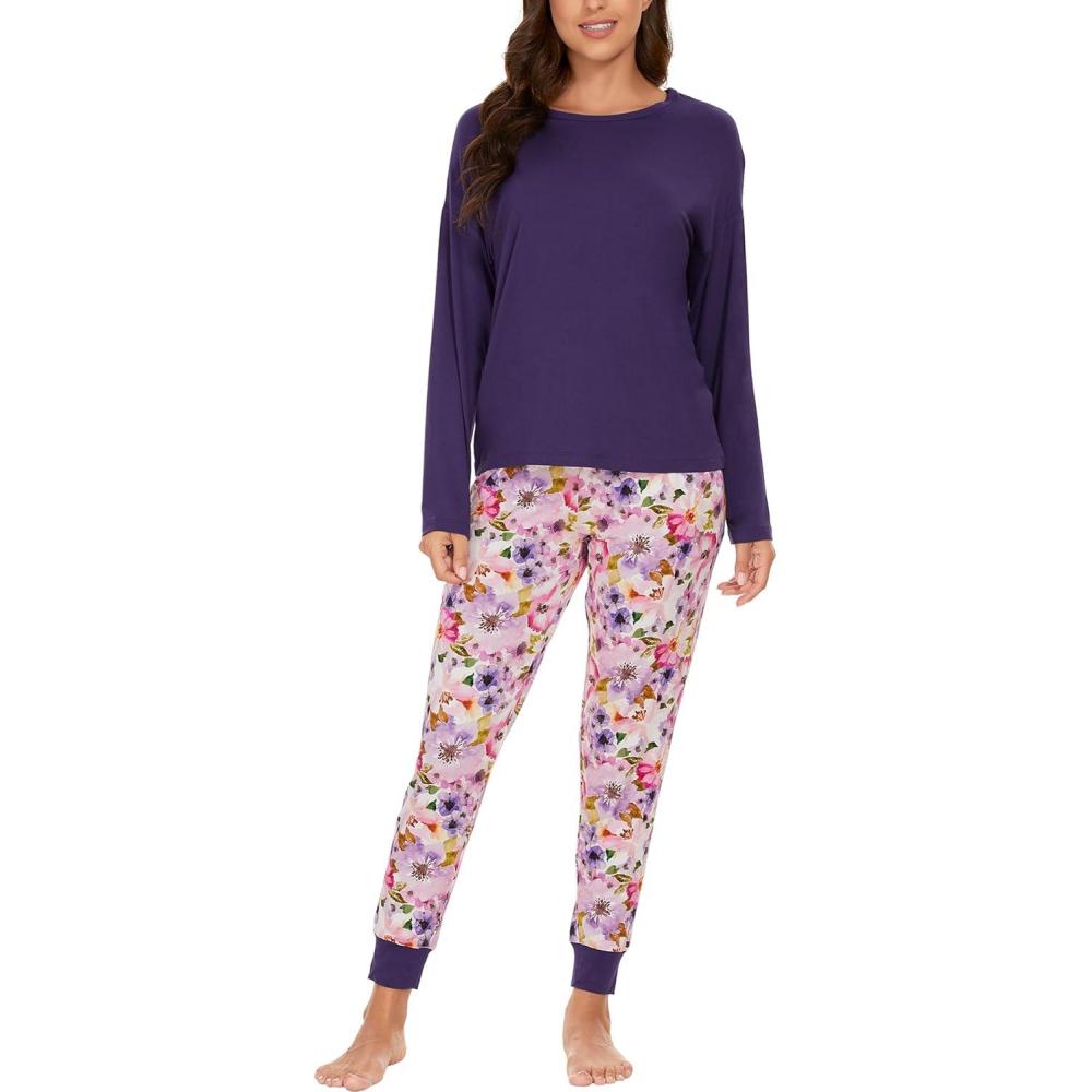 imageGYS Womens Pajama Sets Bamboo Viscose Long Sleeve Sleepwear with Pants Soft Pjs Lounge Set Ladies LoungewearPurple FlowersTaperedleg