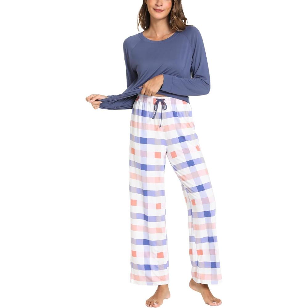 imageGYS Womens Pajama Sets Long Sleeve Sleepwear Comfy 2 Piece Ladies Pj Sleep Set Viscose Made from BambooA Blue Plaid