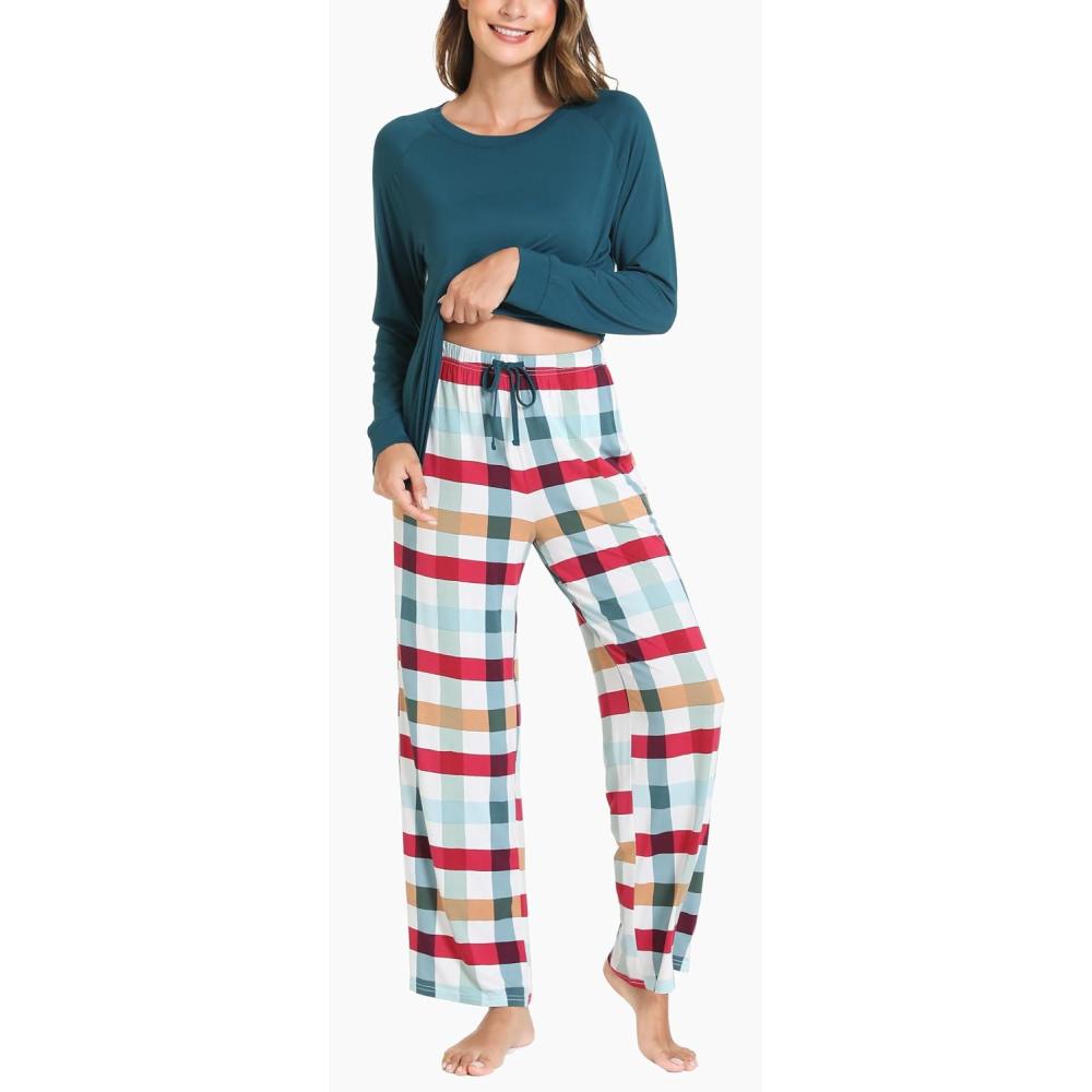 imageGYS Womens Pajama Sets Long Sleeve Sleepwear Comfy 2 Piece Ladies Pj Sleep Set Viscose Made from BambooA Green Plaid