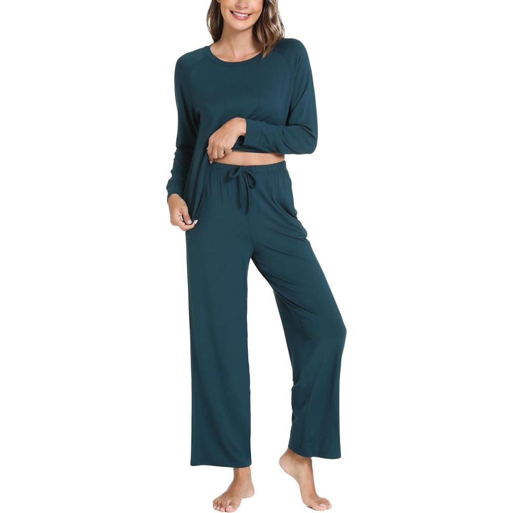 imageGYS Womens Pajama Sets Long Sleeve Sleepwear Comfy 2 Piece Ladies Pj Sleep Set Viscose Made from BambooA Indigo