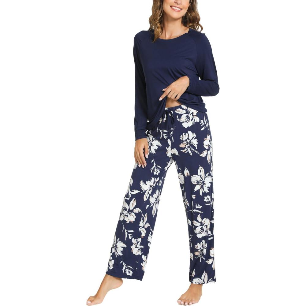 imageGYS Womens Pajama Sets Long Sleeve Sleepwear Comfy 2 Piece Ladies Pj Sleep Set Viscose Made from BambooA Navy