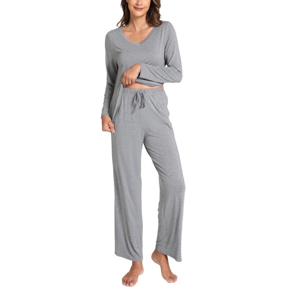 imageGYS Womens Pajama Sets Long Sleeve Sleepwear Comfy 2 Piece Ladies Pj Sleep Set Viscose Made from BambooB Heather Grey
