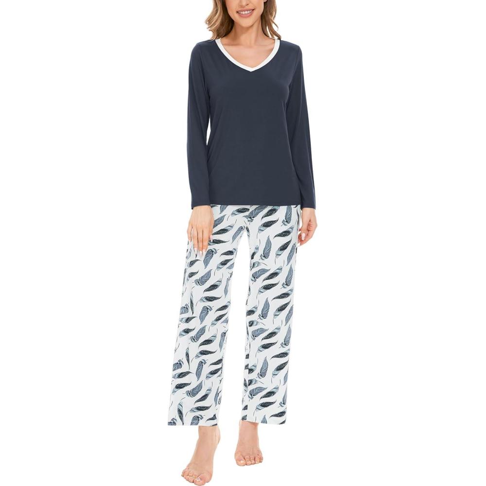imageGYS Womens Pajama Sets Long Sleeve Sleepwear Comfy 2 Piece Ladies Pj Sleep Set Viscose Made from BambooB Midnight Blue Feather