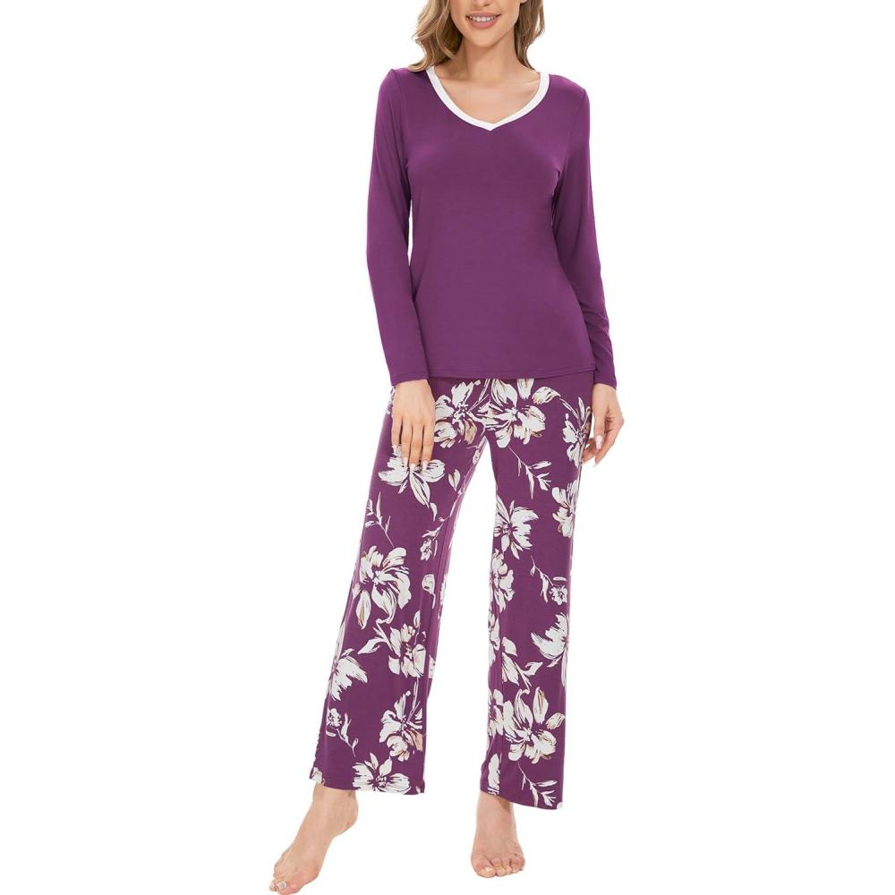 imageGYS Womens Pajama Sets Long Sleeve Sleepwear Comfy 2 Piece Ladies Pj Sleep Set Viscose Made from BambooB Rose Purple Floral