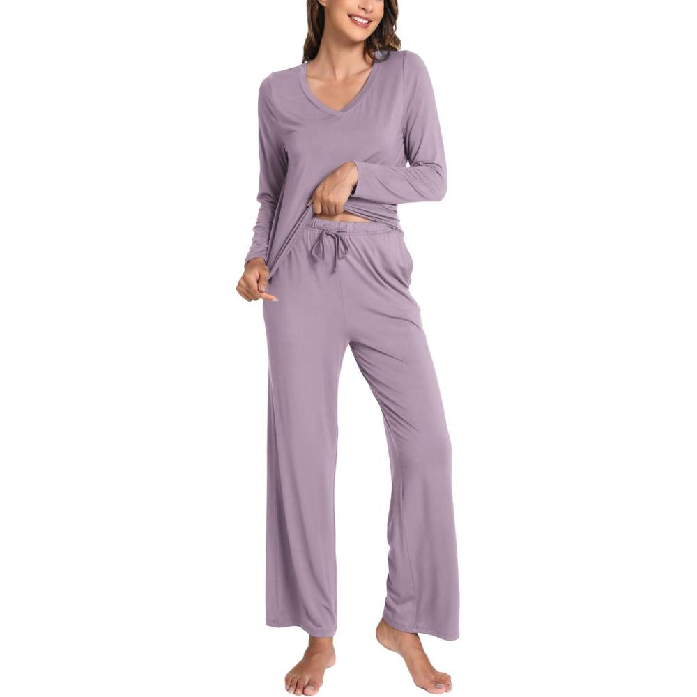 imageGYS Womens Pajama Sets Long Sleeve Sleepwear Comfy 2 Piece Ladies Pj Sleep Set Viscose Made from BambooB Violet