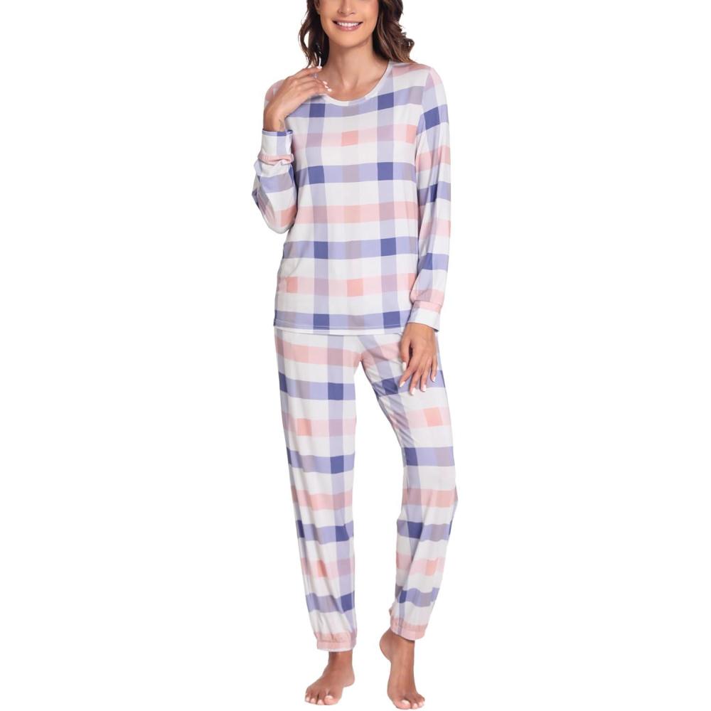 imageGYS Womens Pajamas Set Viscose Made from Bamboo Long Sleeve Sleepwear Tops with Jogger Pants Lounge Pjs SetsBlue Plaid