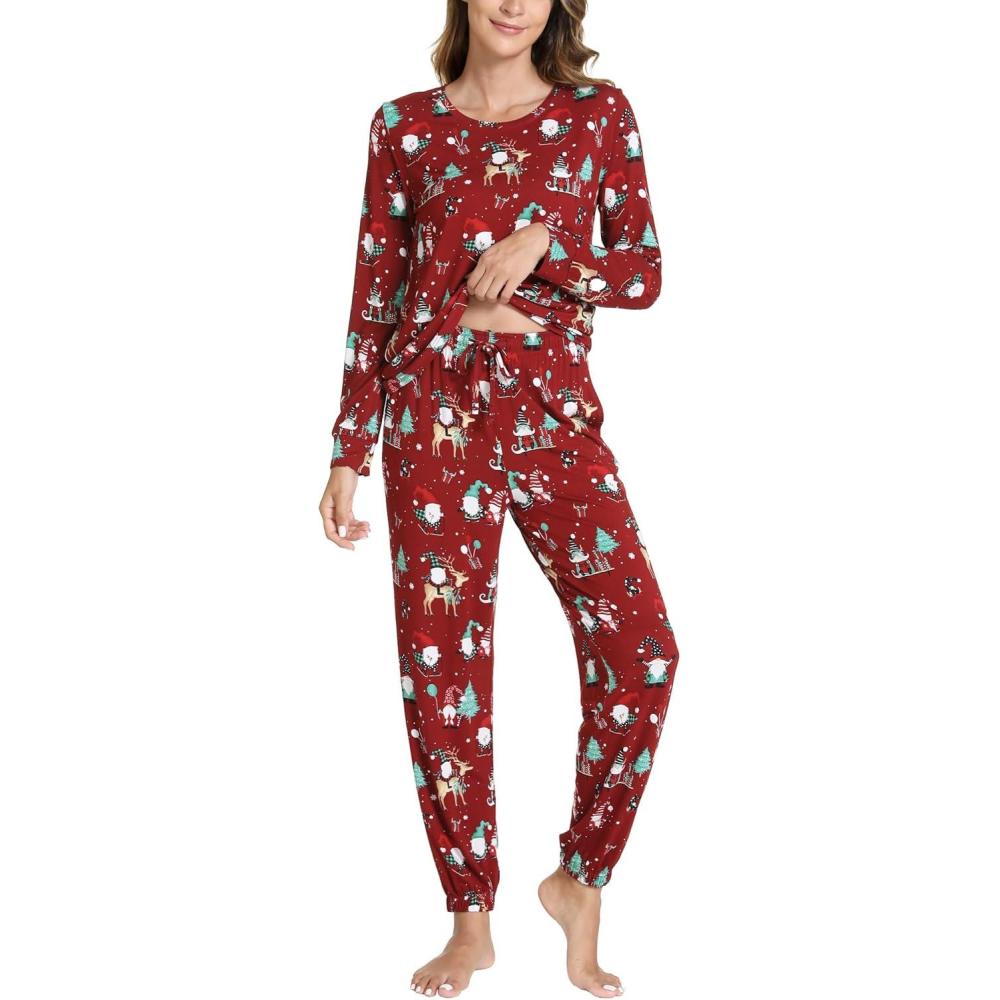 imageGYS Womens Pajamas Set Viscose Made from Bamboo Long Sleeve Sleepwear Tops with Jogger Pants Lounge Pjs SetsChristmas Red