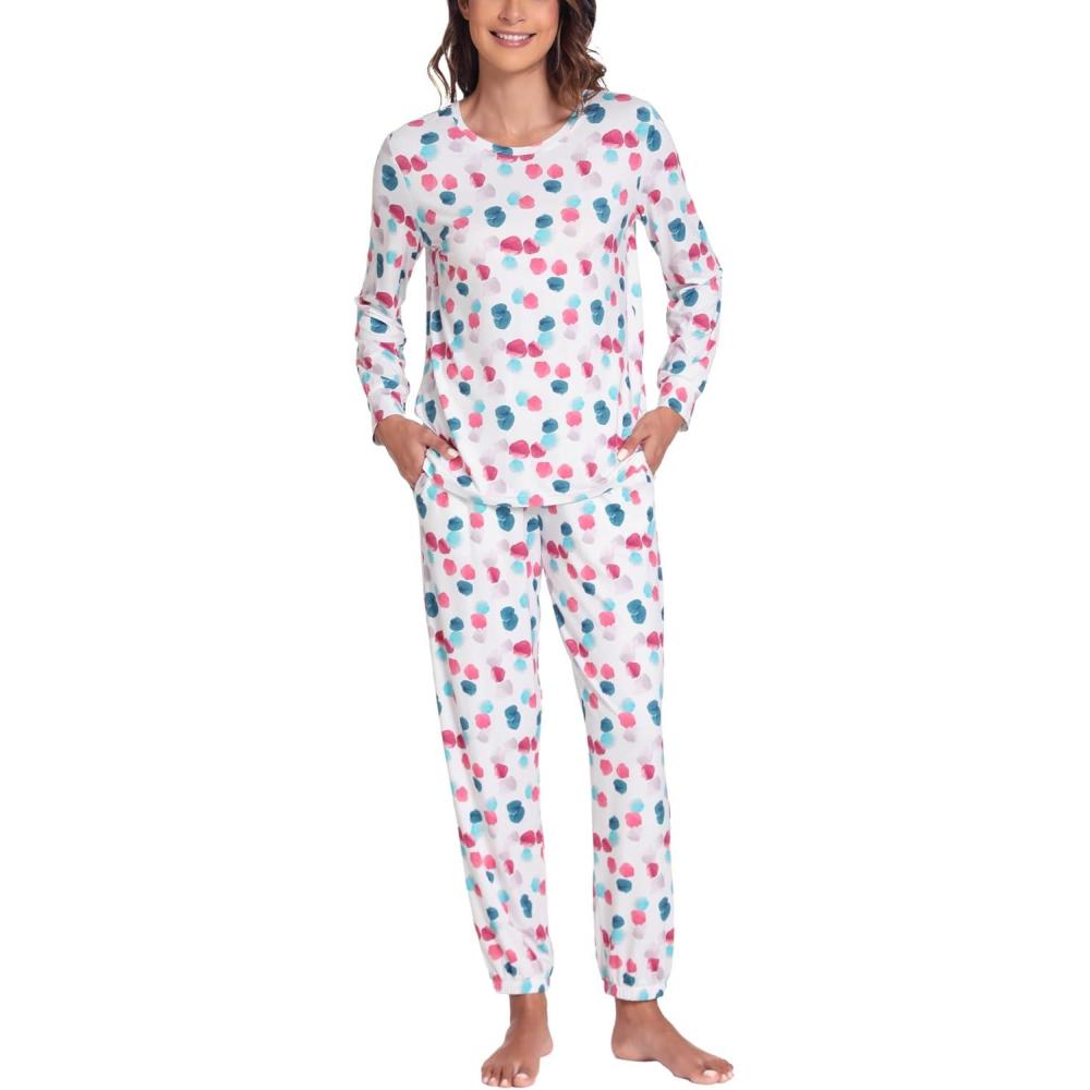 imageGYS Womens Pajamas Set Viscose Made from Bamboo Long Sleeve Sleepwear Tops with Jogger Pants Lounge Pjs SetsDeep Pink Dots