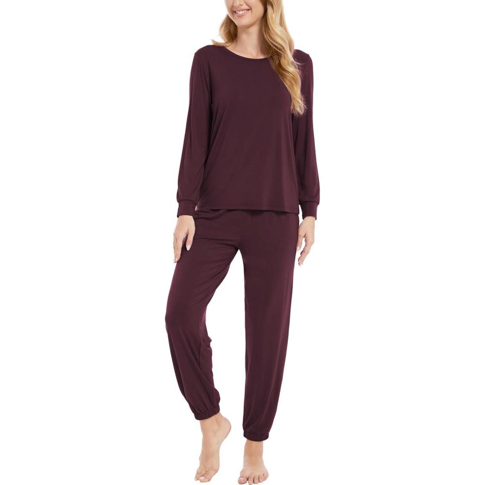 imageGYS Womens Pajamas Set Viscose Made from Bamboo Long Sleeve Sleepwear Tops with Jogger Pants Lounge Pjs SetsFicus Red