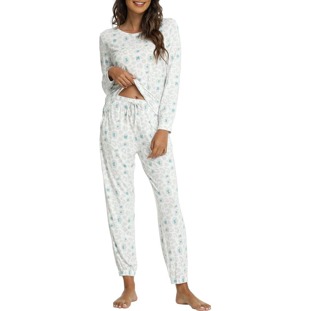 imageGYS Womens Pajamas Set Viscose Made from Bamboo Long Sleeve Sleepwear Tops with Jogger Pants Lounge Pjs SetsGrey Leopard