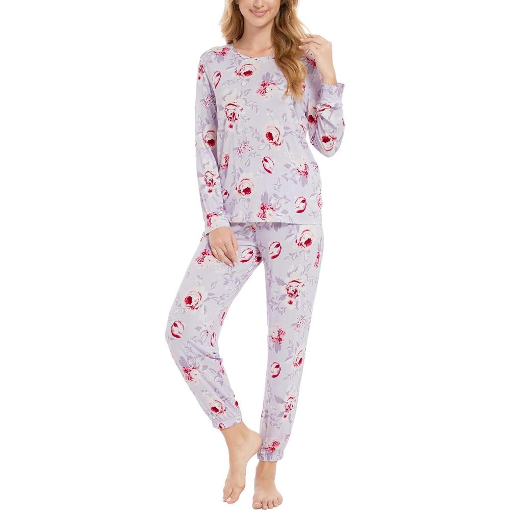imageGYS Womens Pajamas Set Viscose Made from Bamboo Long Sleeve Sleepwear Tops with Jogger Pants Lounge Pjs SetsGrey Peony